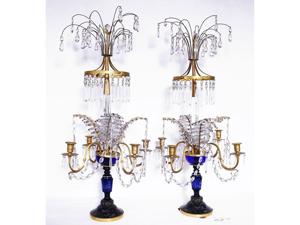 Pair of flambeaux in blue Bohemian crystal, gilt bronze and glass