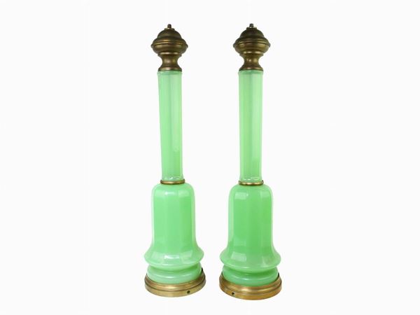Pair of lamp bases in green opal glass