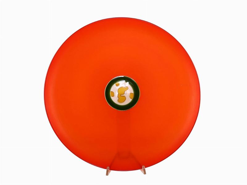 Piatto in Vetro Rosso-arancio Soffiato Ad Incalmo, Attribuibile a Tapio Wirkkala per Venini