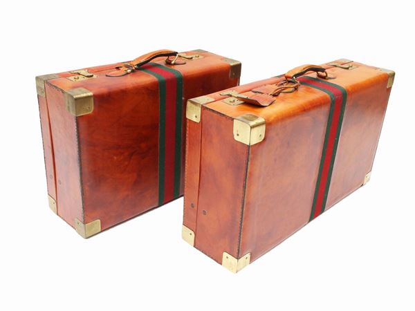 Coppia di valigie rigide in pelle marrone  - Asta Fashion Vintage - Maison Bibelot - Casa d'Aste Firenze - Milano