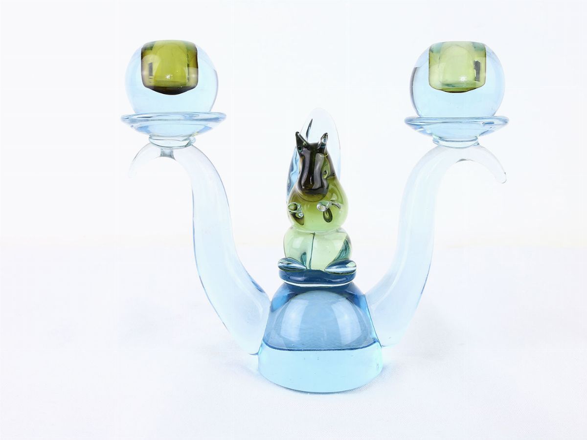 Candeliere Cenedese in Vetro Sommerso Celeste e Verde Olio