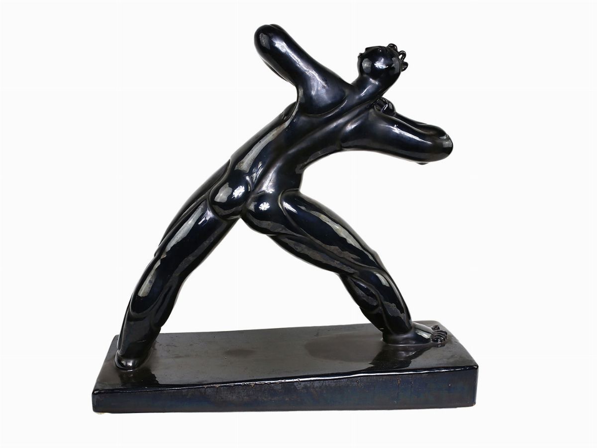 Figura in Terracotta Smaltata a Lustro Ad Imitazione del Bronzo, Ceramiche Baldelli, Anni Quarant...