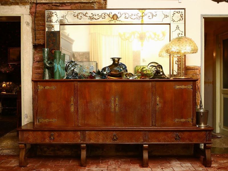 Grande Credenza con Specchiera in Rovere con Venature Sbiancate