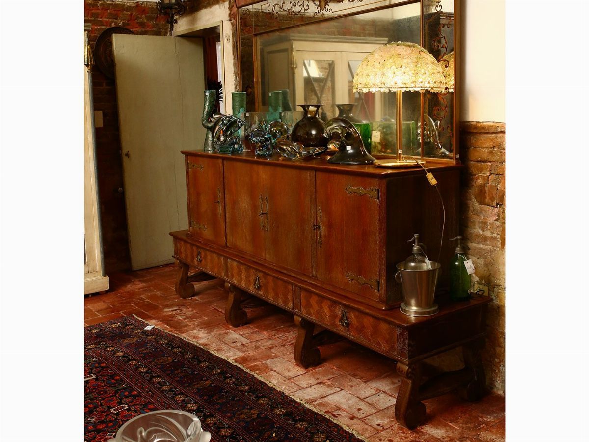 Grande Credenza con Specchiera in Rovere con Venature Sbiancate