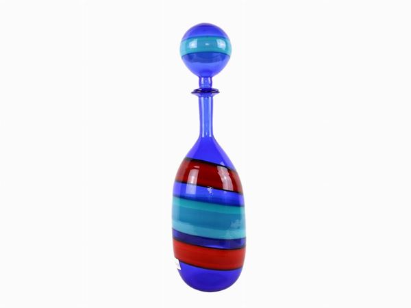Blue glass bottle with red and turquoise bands with cap, Fulvio Bianconi for Venini