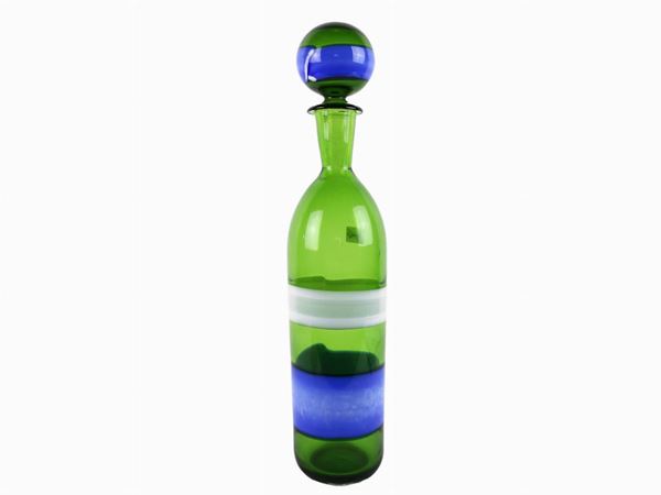 Green glass bottle in bands with cap, Fulvio Bianconi for Venini