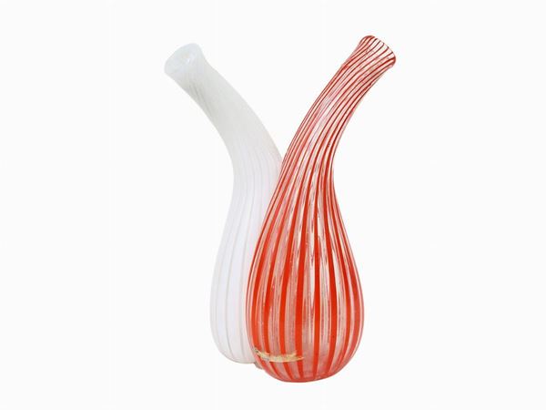Cenedese oil bottle in red and milky white blown glass