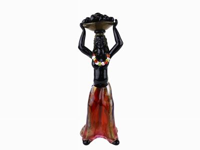 Figura di Donna Cenedese & C. con Cesto di Frutta sulla Testa in Vetro Lattimo Nero