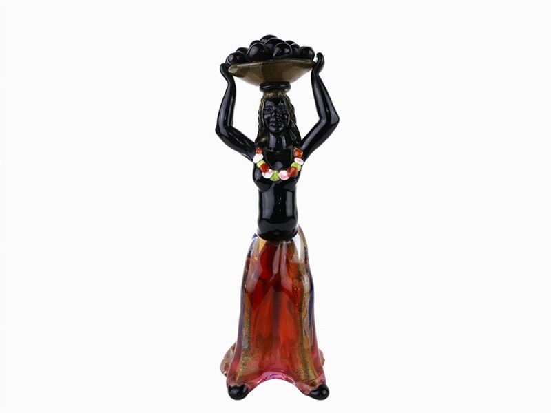Figura di Donna Cenedese & C. con Cesto di Frutta sulla Testa in Vetro Lattimo Nero