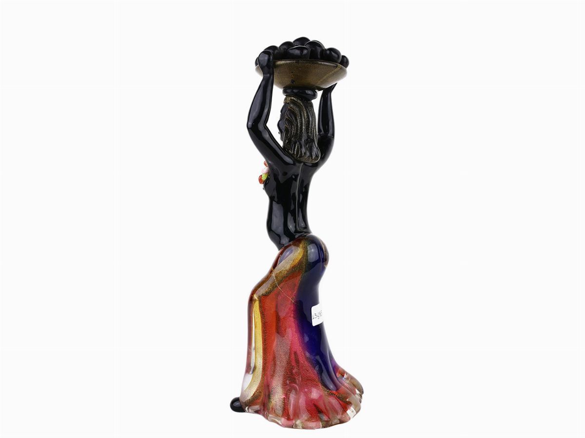 Figura di Donna Cenedese & C. con Cesto di Frutta sulla Testa in Vetro Lattimo Nero
