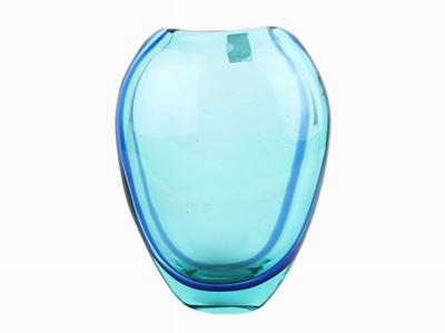 Vaso Cenedese in Vetro Sommerso Azzurro Mare con Bande Laterali Blu