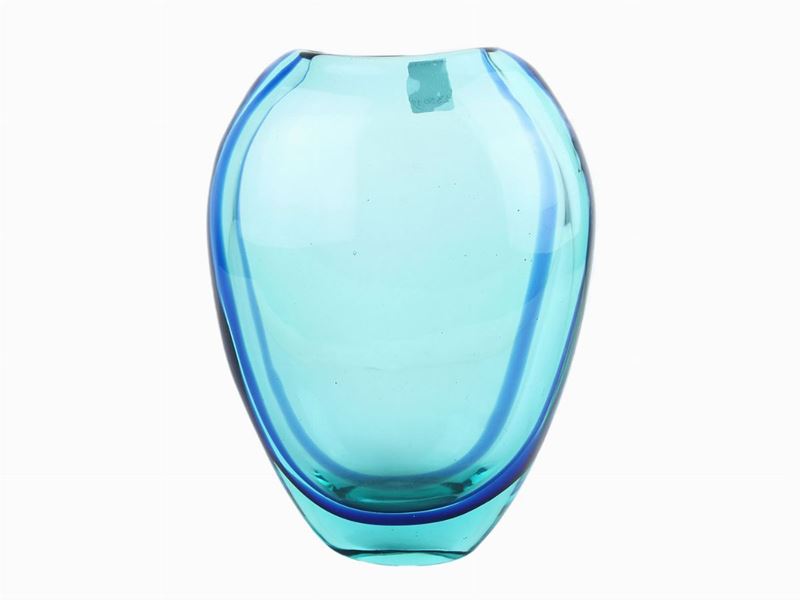 Vaso Cenedese in Vetro Sommerso Azzurro Mare con Bande Laterali Blu