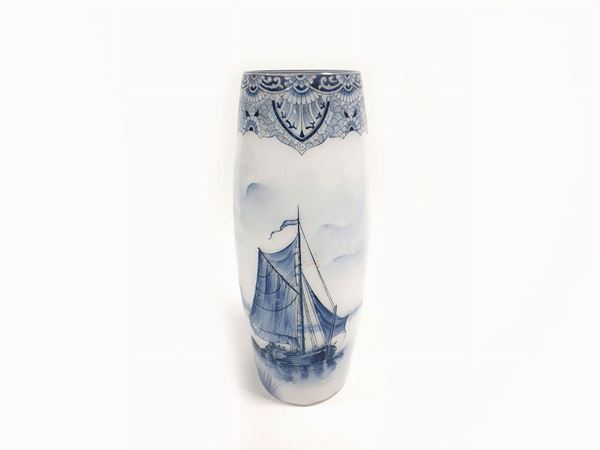 Legras vase in opal glass with cobalt blue painted decoration of sailing ship and mills