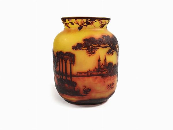 A vase J. Michel cameo glass with oriental landscape. Signed.