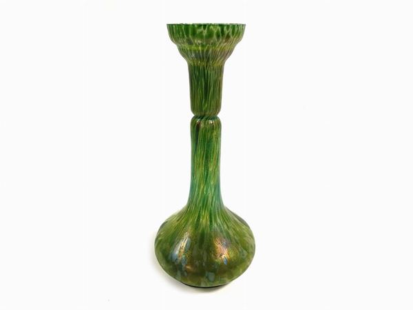 Bohemian iridescent glass vase in shades of green with a decoration called papillon.