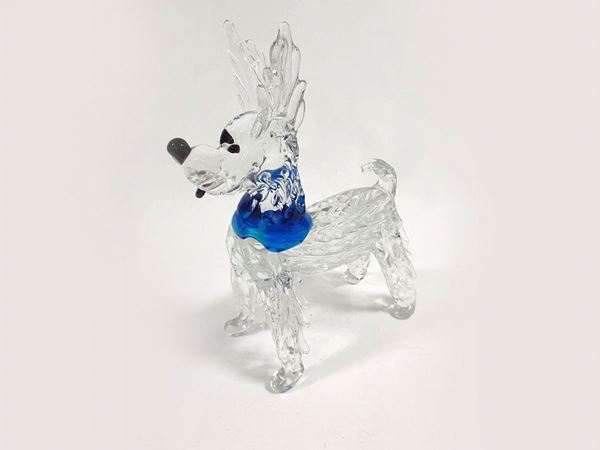 A Seguso figure of a dog incolourless glass with blue collar and details in red applied to heat.
