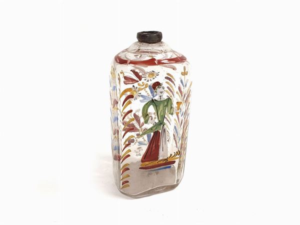 A crystal bottle decorated with polychrome enamels with a female figure and stylized flowers.