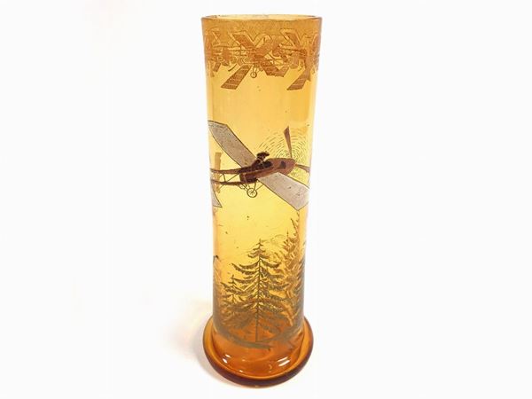 A Legras vase in amber- coloured glass with a woodland and planes enamel decoration. Defects.  (France, 1910)  - Auction Furniture and Paintings from a villa in Fiesole (FI) - Maison Bibelot - Casa d'Aste Firenze - Milano