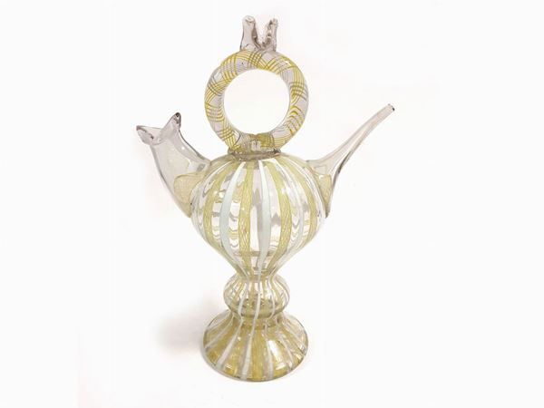 Cantir in blown glass with lattimo canes and yellow reticello.  (Europe, 1750)  - Auction Furniture and Paintings from a villa in Fiesole (FI) - Maison Bibelot - Casa d'Aste Firenze - Milano