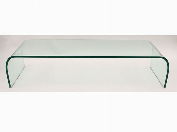 Tavolo basso Ponte monolitico in vetro curvato, Angelo Cortesi per Fiam