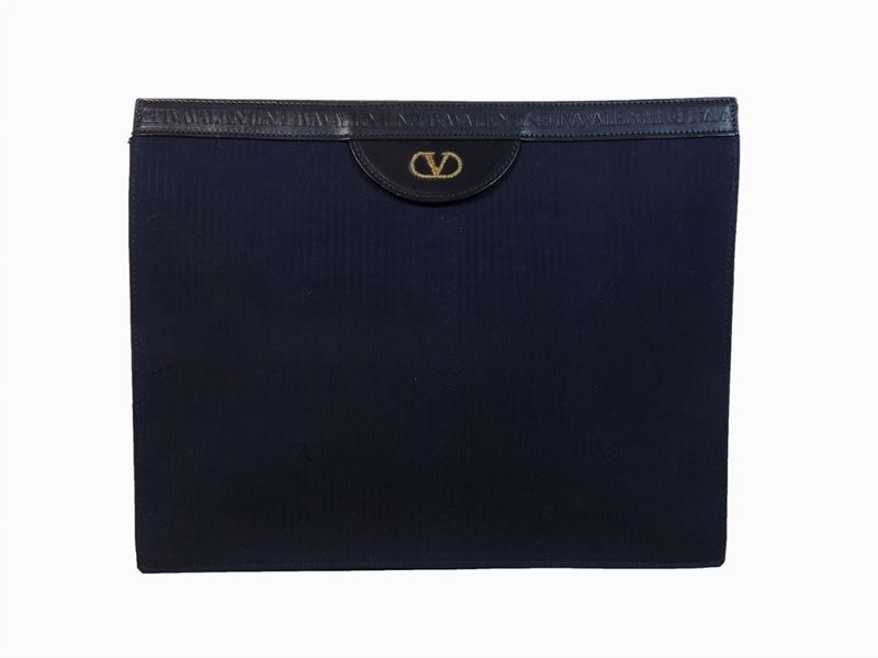 Borsa a Mano in Pelle e Tessuto Blu, Valentino