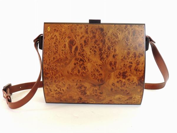 Brown wood, resin and leather shoulder bag, Stagi
