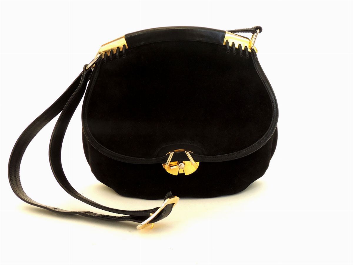 Borsa a Tracolla in Camoscio e Pelle Nera, Gucci