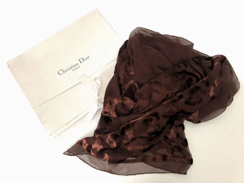 Grande Stola in Seta e Velluto Marrone, Christian Dior