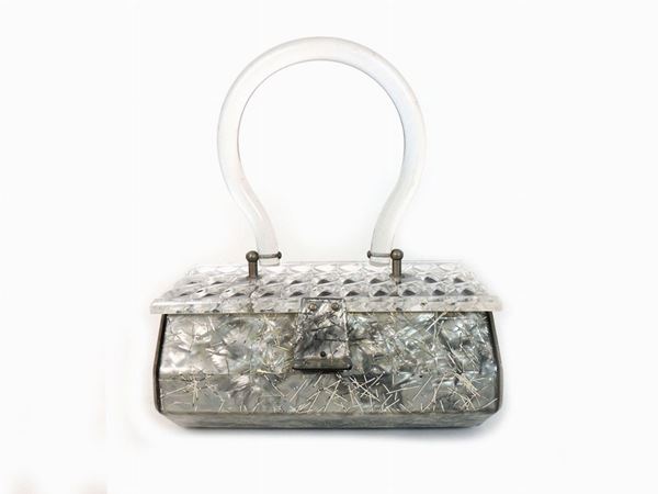 Grey marbleized and silver confetti lucite box handbag, Gilli Original New York