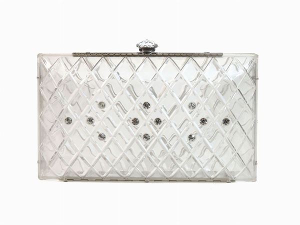 Engraved trasparent lucite and rhinestones clutch
