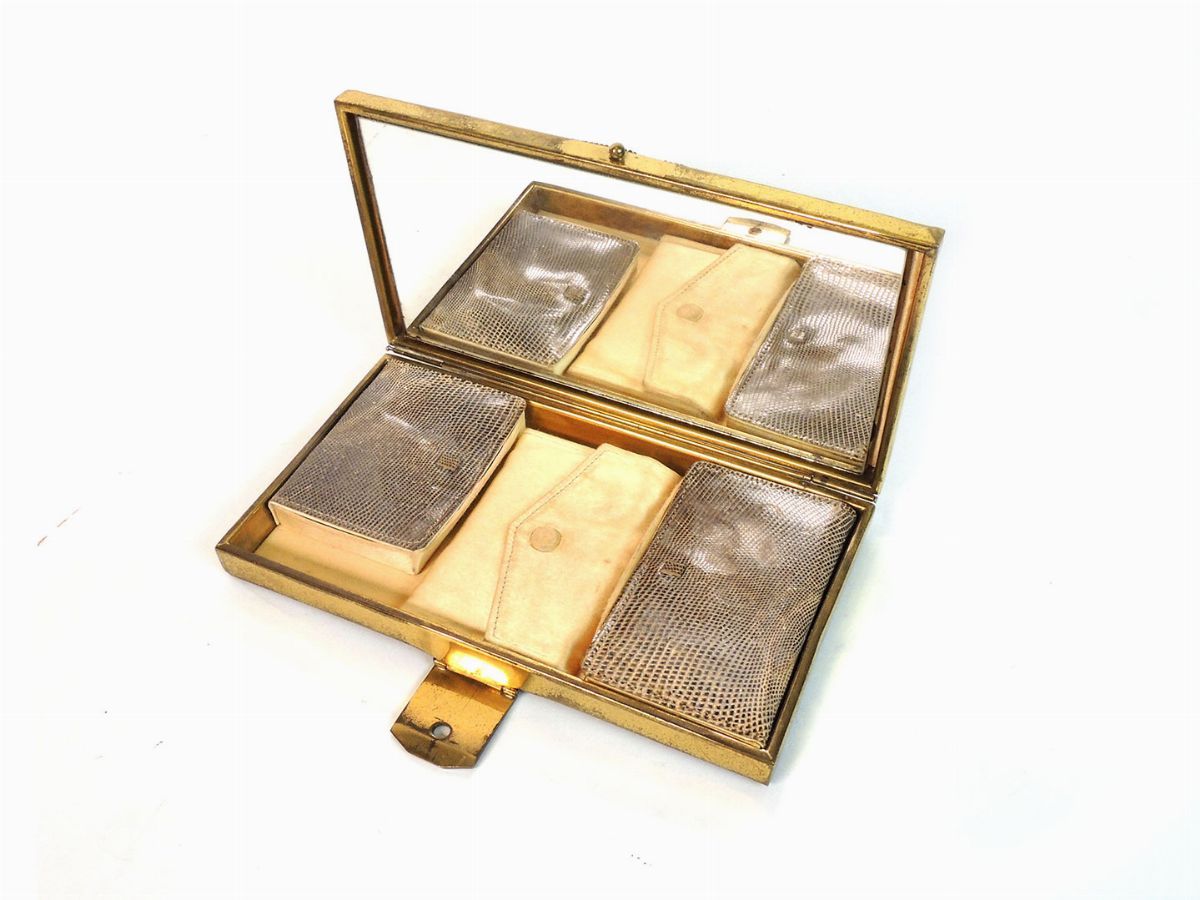 Trousse a Pochette in Lucertola Marrone e Metallo Dorato