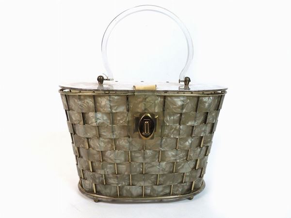 Grey marbleized lucite and silvertone metal basket handbag