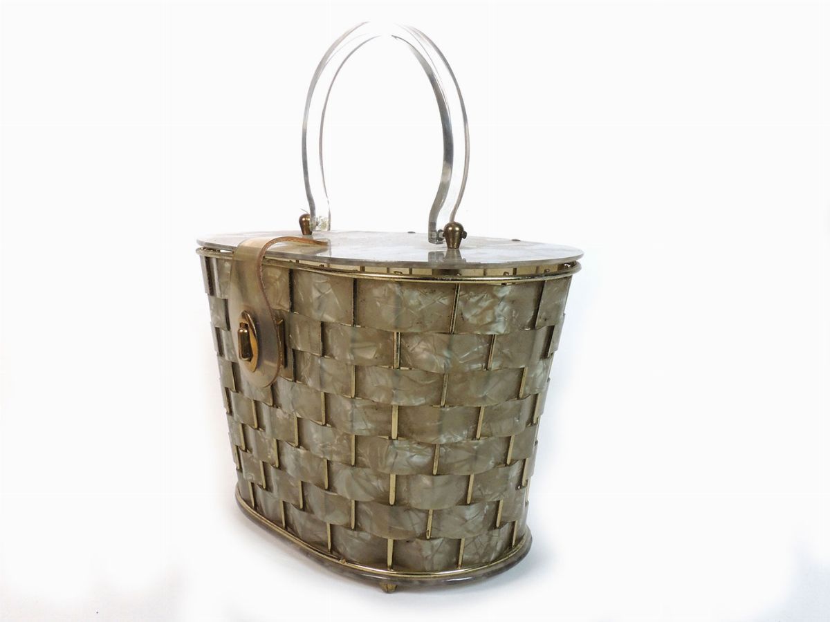 Borsa a Mano a Cestino in Lucite Marmorizzata Grigia e Metallo