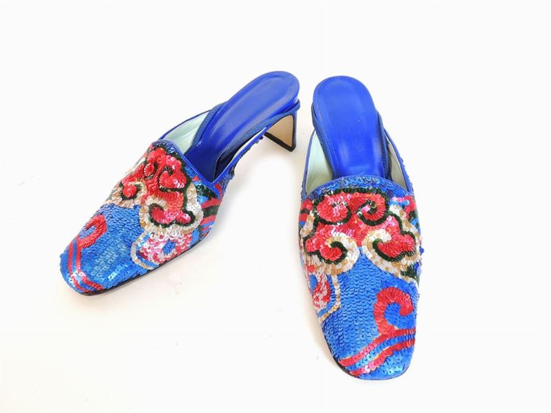 Paio di Sabot in Pelle Blu e Paillettes