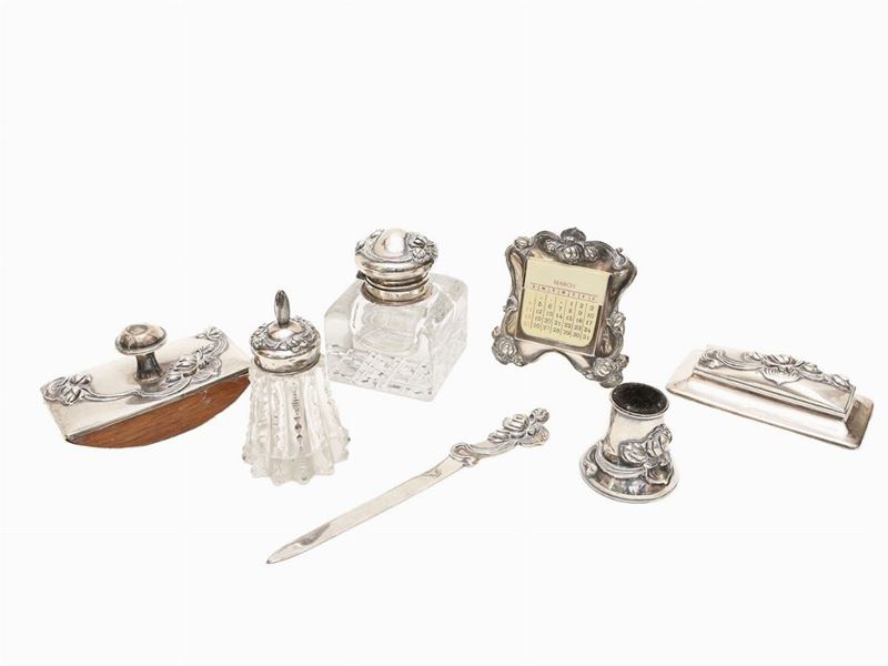 Set da Scrivania in Argento Sterling e Cristallo