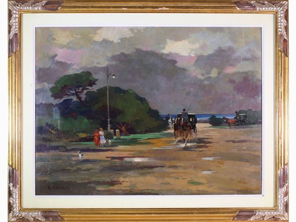 Renato Natali - Livorno view with figures and carriage