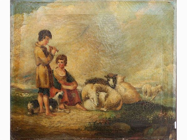 Country landscape with shepherd and sheep