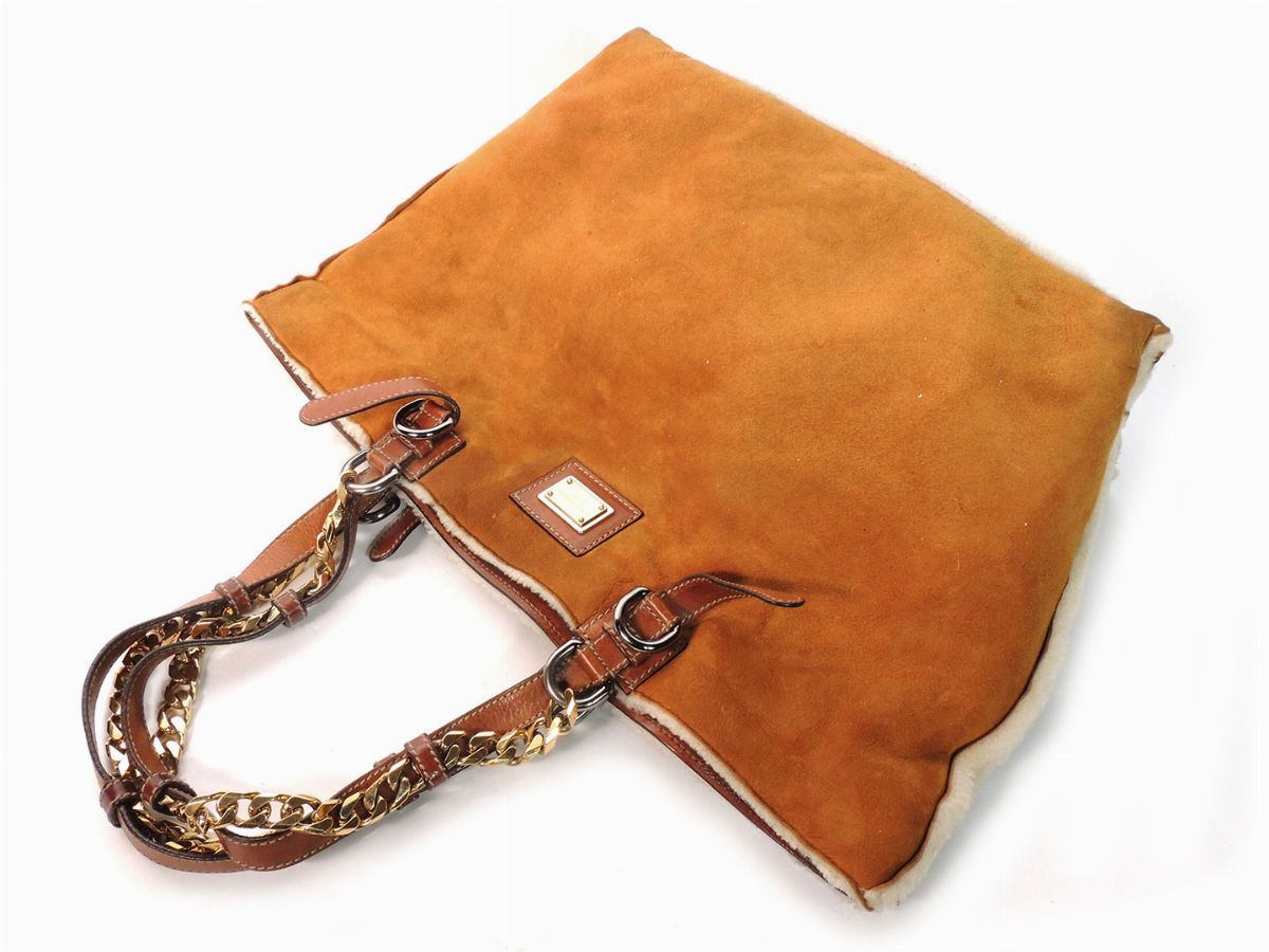 Borsa a Spalla in Shearling Marrone, Dolce & Gabbana