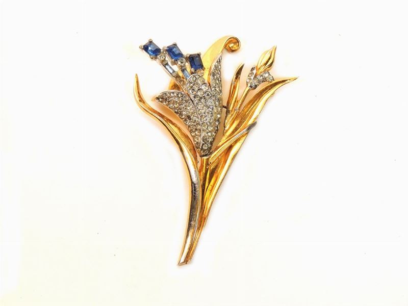 Spilla Floreale in Metallo Dorato e Argentato e Strass