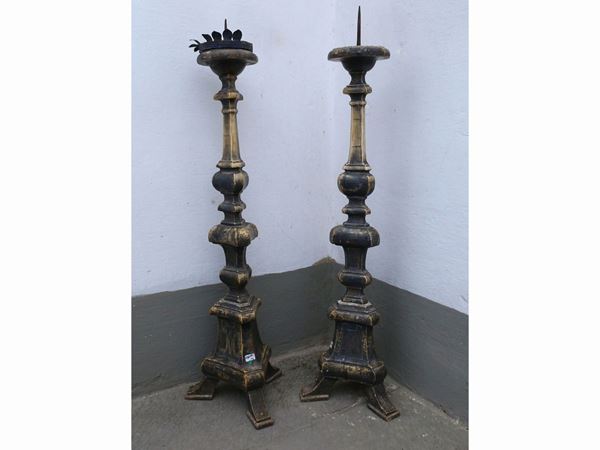 Pair of carved and lacquered wooden torches