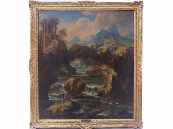 Antonio Francesco Peruzzini attribuito - Paesaggio fluviale con architetture e personaggi