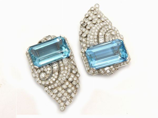 White gold two brooches with diamonds and aquamarines