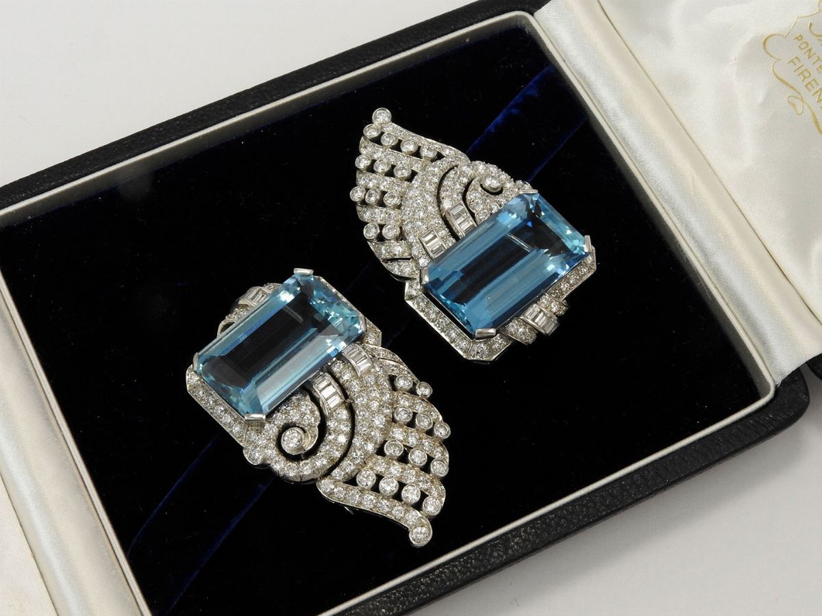 Coppia di Spille in Oro Bianco con Diamanti e Acquamarine