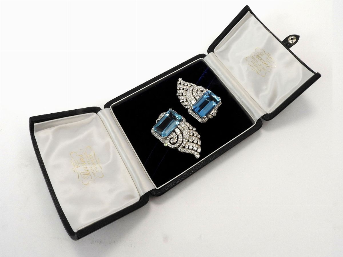 Coppia di Spille in Oro Bianco con Diamanti e Acquamarine