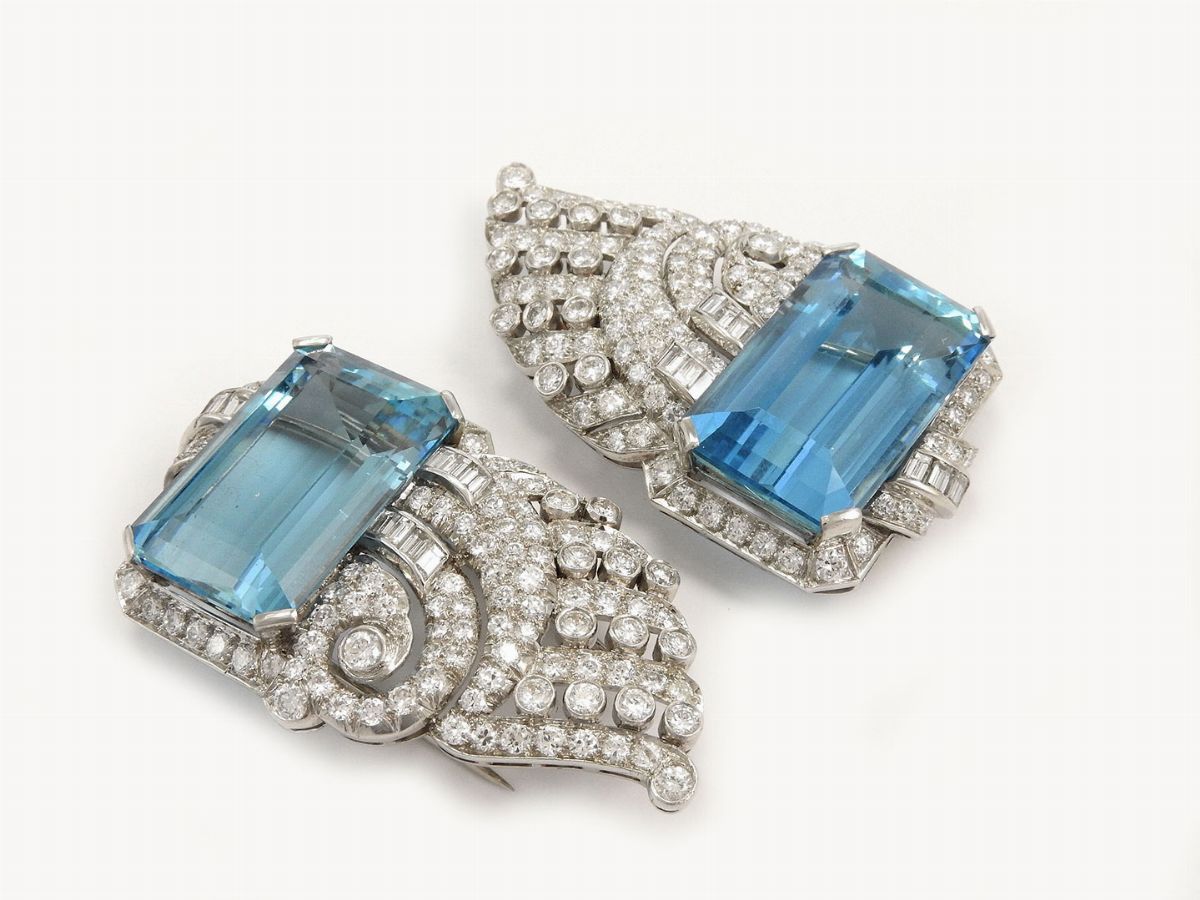 Coppia di Spille in Oro Bianco con Diamanti e Acquamarine