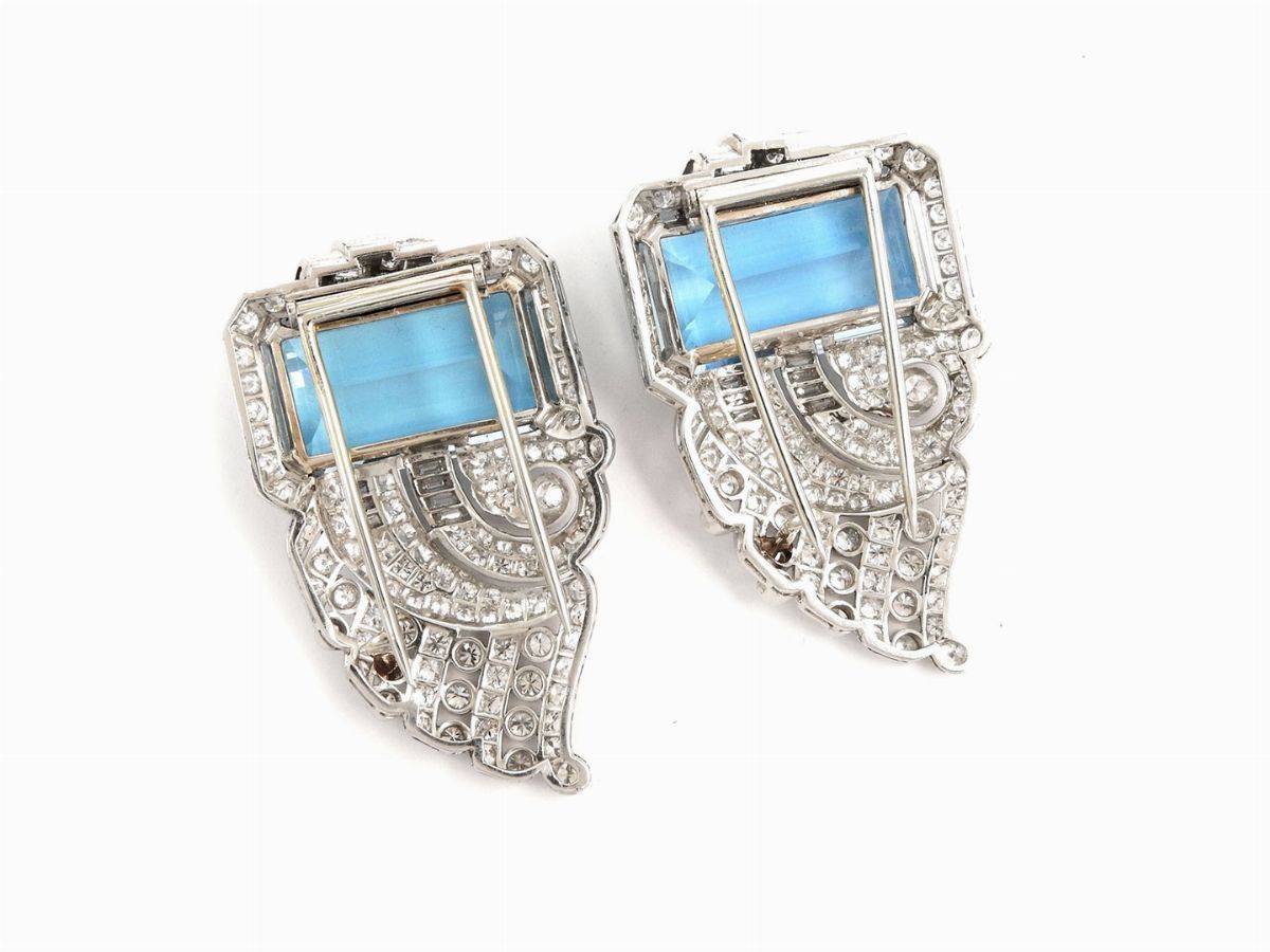 Coppia di Spille in Oro Bianco con Diamanti e Acquamarine