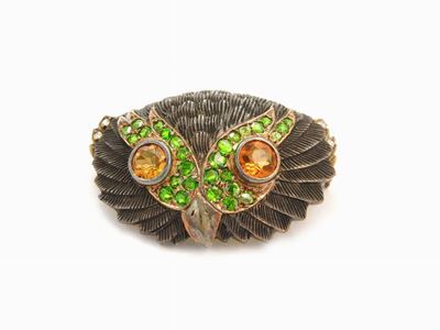 Spilla Animalier in Oro e Argento con Diamanti, Quarzi Citrini e Paste Vitree