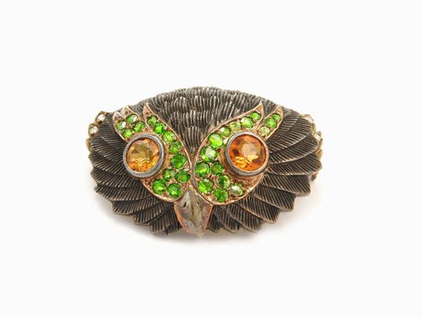 Gold and silver Animalier brooch with diamonds, citrine quartz and glass paste