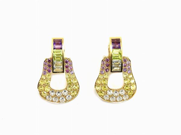 Yellow gold earrings with amethyst, peridot and blue topaz quartz