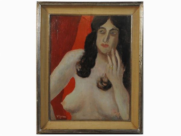 Guido Peyron - Nudo femminile con tenda rossa 1954